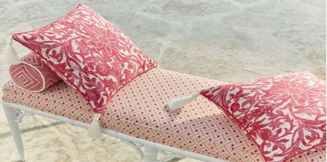 White tassels on red pillow, Scalamandre outdoor white tassels