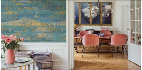 Japandi, Scalamandre Yumiko, Japanese wallpaper, Asian wallpaper, japandi design living room, pink velvet dining chairs, combination of scandinavian asethetics and japanese minimalism, serene earth toned color palette, geometric pendant lighting