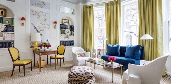 Yellow living room, Pantone 2021 Illuminating yellow, kips bay 2019, paloma contreras, yellow drapery, 