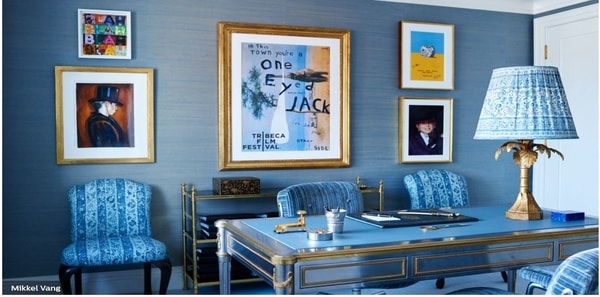 Blue home office, blue grasscloth,neoclassical desk, Elle Decor