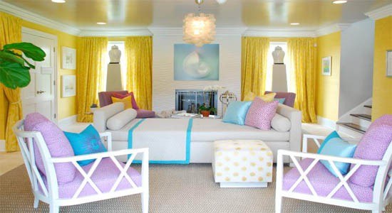 contemporary fabrics decor yellow blue pink white bright funky geometric living room