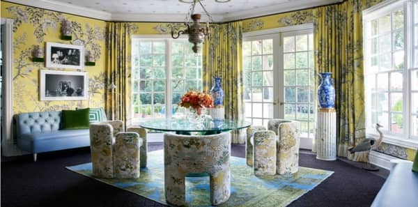 yellow dining room, asian wallpaper, asian fabric, kips bay dallas showhouse, dennis brackeen, grey and yellow wallpaper, coordinating wallpaper and fabric, glass circular dining room table, grey and yellow upholstered dining chairs, grey area rug