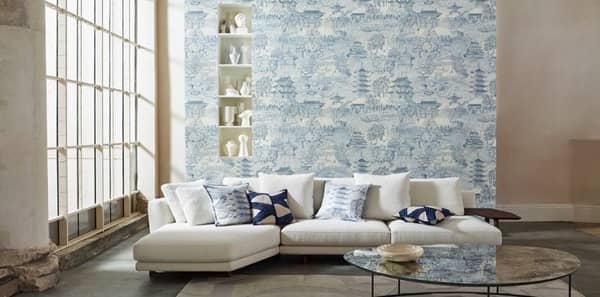 blue contemporary living room, blue toile Asian wallpaper