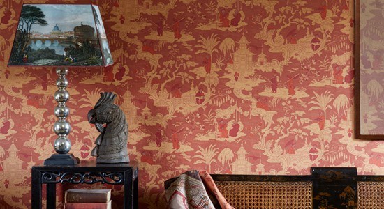 toile wallpaper red brown yellow asian scenery illustrations traditional botanical