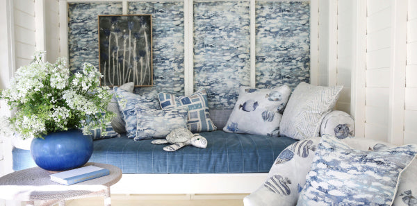 bblue wallpaper, sandberg raphael, blue leaves wallpaper, boys room with twin beds, nick olson architectural digest