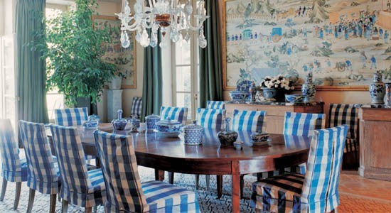 check fabrics decor dinning room white blue chairs