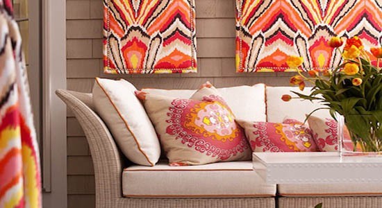 trina turk fabrics orange red yellow white pink brown cushions sofa couch