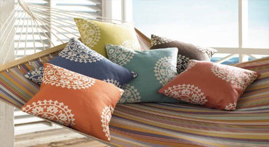 echo design home collection fabrics colors blue orange yellow brown cushions hammock