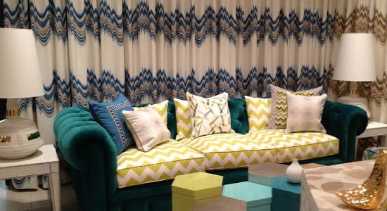 geometric fabrics blue green yellow gold pattern couch sofa curtains