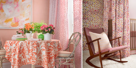 grey watkins fabric, pink fabric, pink floral fabric, grey watkins, scalamandre, scalamandre fabric, pink fabric, pink throw pillow, pink floral drapery, pink abstract fabric, pink tablecloth, pink design, pink interior design, pink rocking chair