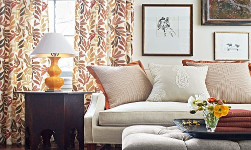 Hodsoll McKenzie Fabric, Living room with leaf pattern drapes and white couch