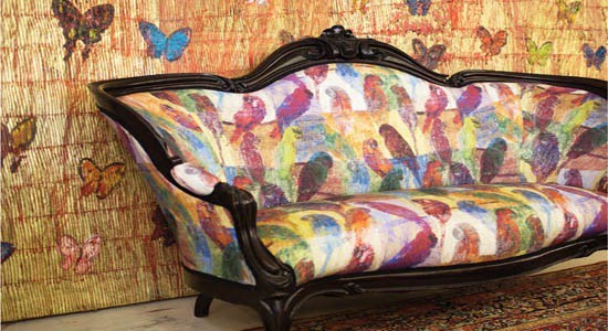 conversational fabrics birds butterflies pattern colors couch sofa carpet decor