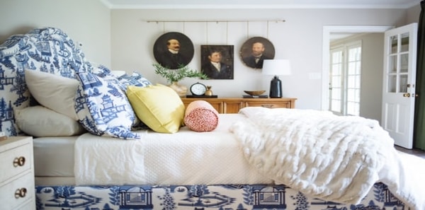 blue and white master bedroom with asian inspired fabrics schumacher nanjing fabric