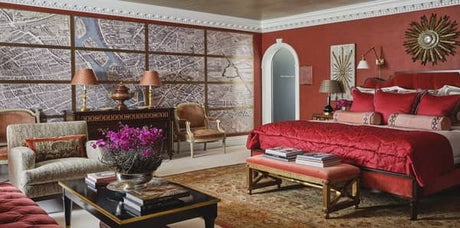 red bedroom, mural with maps, alexa hampton, kips bay dallas showhouse