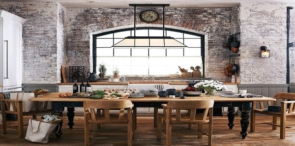 modern country, rustic dining area Farm table with brick wall 