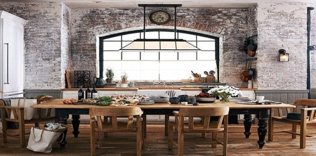 modern country, rustic dining area Farm table with brick wall 