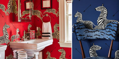 SCALAMANDRE ZEBRAS MASAI RED WALLPAPER, scalamandre wallpaper, scalamandre zebras, SCALAMANDRE ZEBRAS DENIM WALLPAPER, scalamandre, designer wallpaper, animal wallpaper, zebra wallpaper, red and blue wallpaper, wallpapered powder room, zebras, scala
