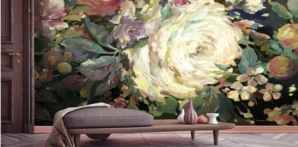 designer mural wallpaper, large scale floral mural, dark toned wallpaper mural, york wallcoverings mural, mural wallpaper with dark purple bench seating, pink purple and white decor, unique and modern wallpaper murals, netural throw blanket