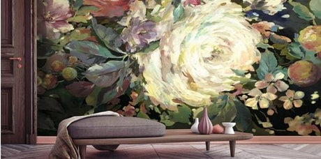 designer mural wallpaper, large scale floral mural, dark toned wallpaper mural, york wallcoverings mural, mural wallpaper with dark purple bench seating, pink purple and white decor, unique and modern wallpaper murals, netural throw blanket