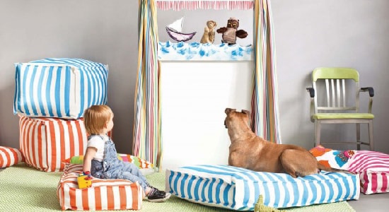 Poufs, striped poufs, colorful poufs, ottomans, striped ottomans, upholstered ottomans, kids room furniture, pet friendly poufs, green area rug, kids bedroom design