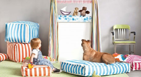 Poufs, striped poufs, colorful poufs, ottomans, striped ottomans, upholstered ottomans, kids room furniture, pet friendly poufs, green area rug, kids bedroom design