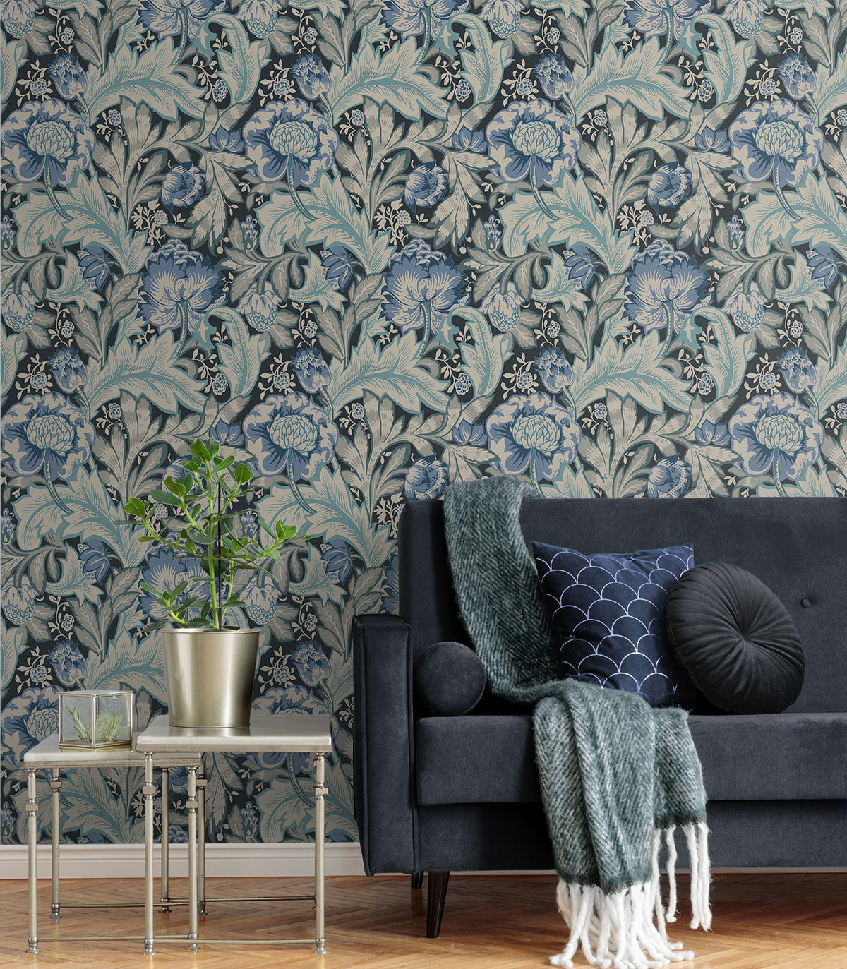 Seabrook Acanthus Garden Bluestone & Golden Wallpaper