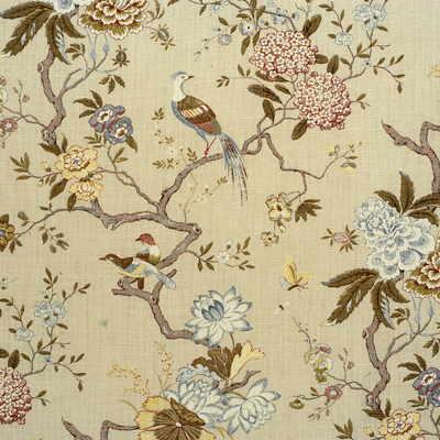 G P & J Baker ORIENTAL BIRD OLIVE/STONE Fabric