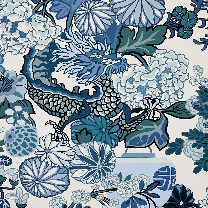Schumacher Chiang Mai Dragon China Blue Wallpaper