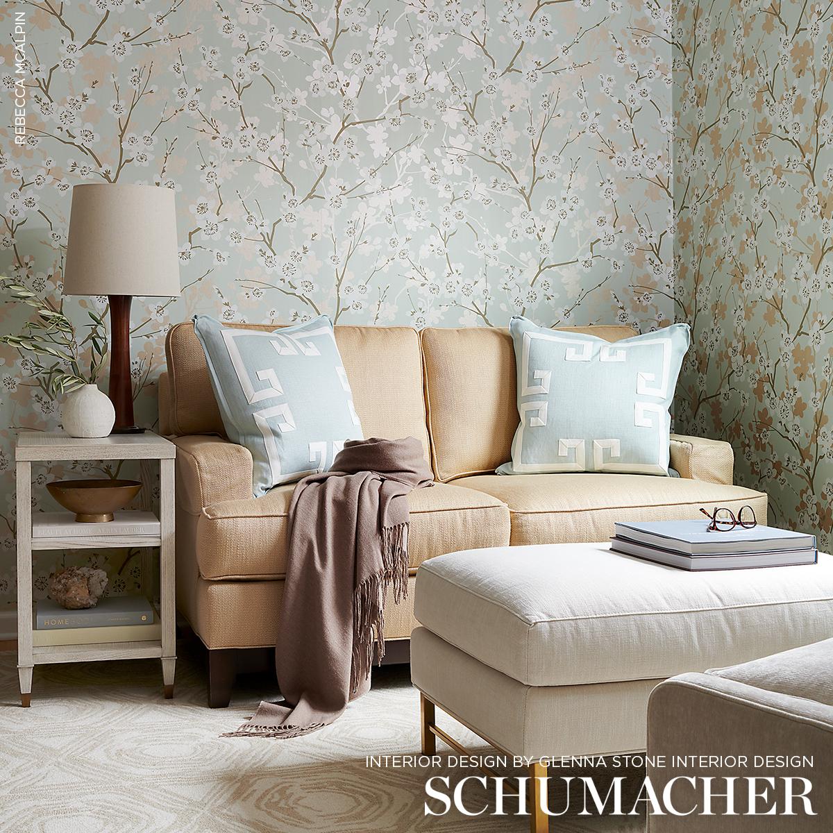Schumacher Ming Cherry Blossom Aqua Wallpaper