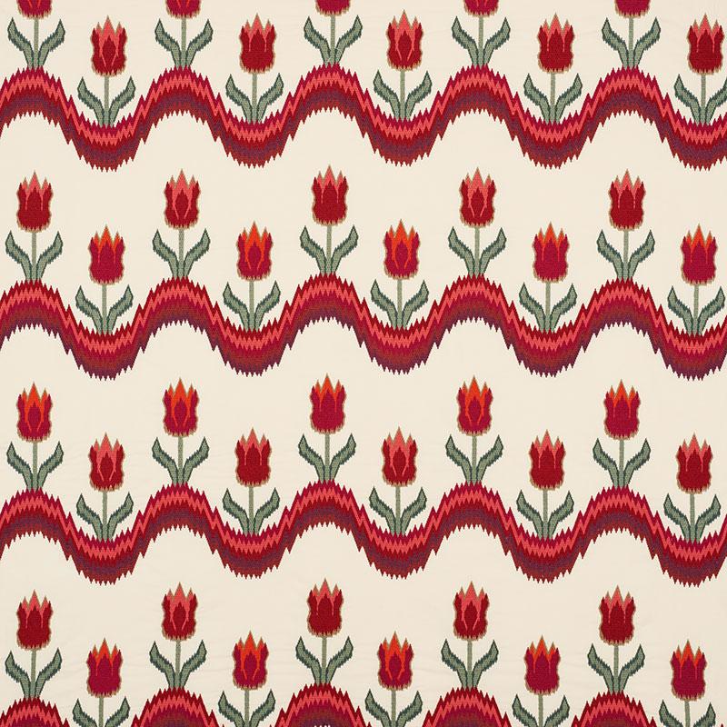 Schumacher Tulip Flamestitch Embroidery Vermilion Fabric