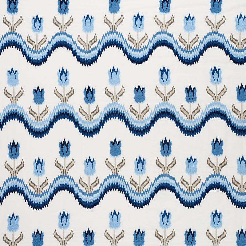 Schumacher Tulip Flamestitch Embroidery Blue Fabric