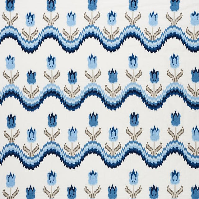 Schumacher Tulip Flamestitch Embroidery Blue Fabric