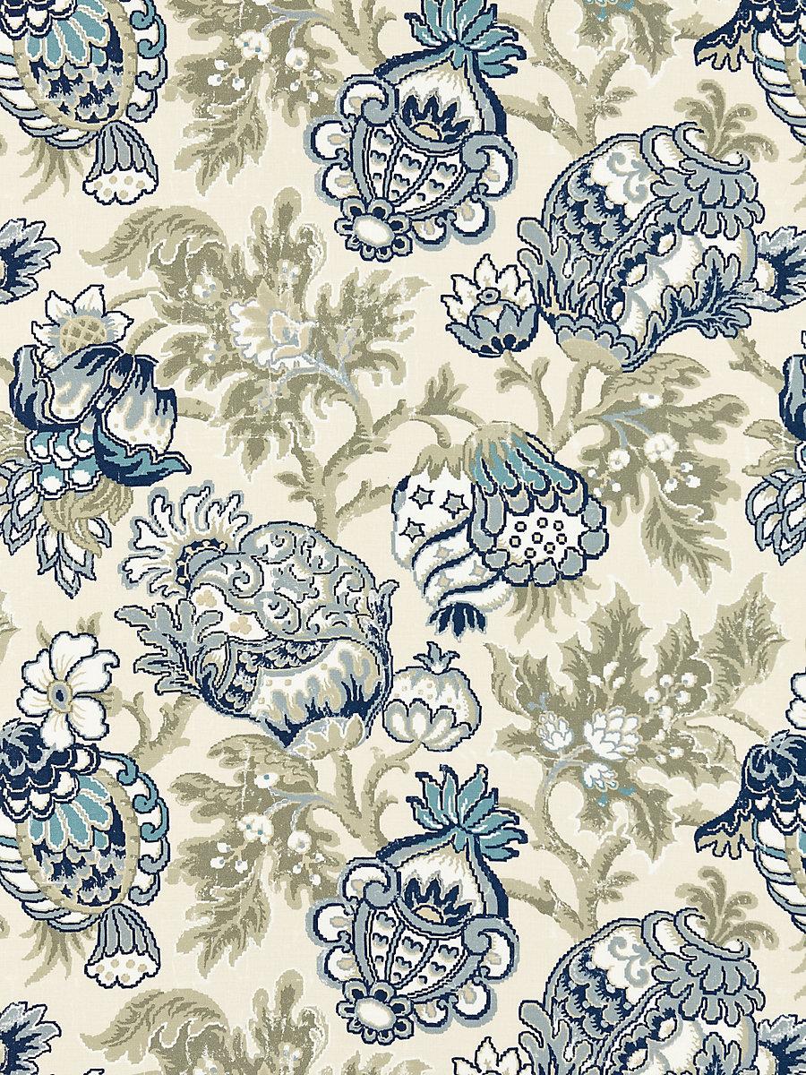 Scalamandre Canterbury Linen Print Oyster & Indigo Fabric