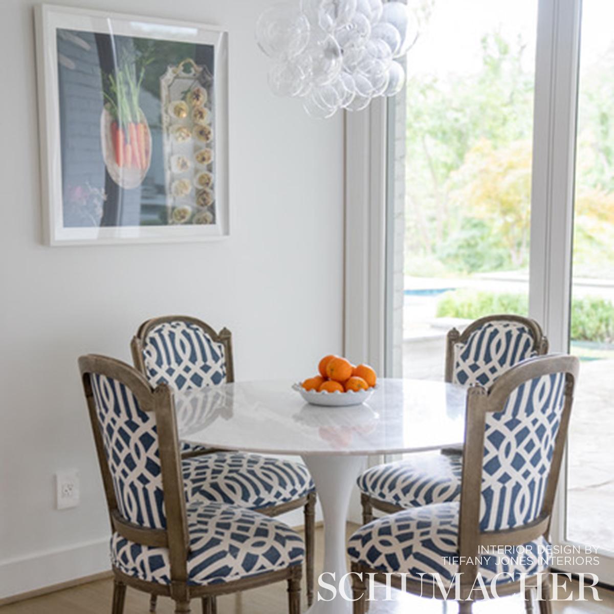 Schumacher Imperial Trellis Ii Ivory / Navy Fabric