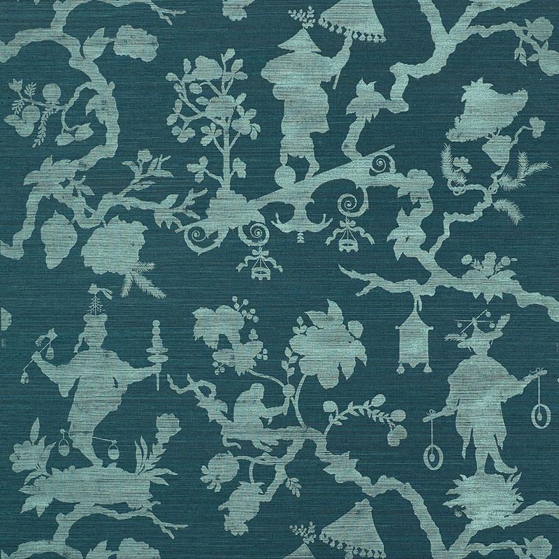 Schumacher Shantung Silhouette Sisal Peacock Wallpaper