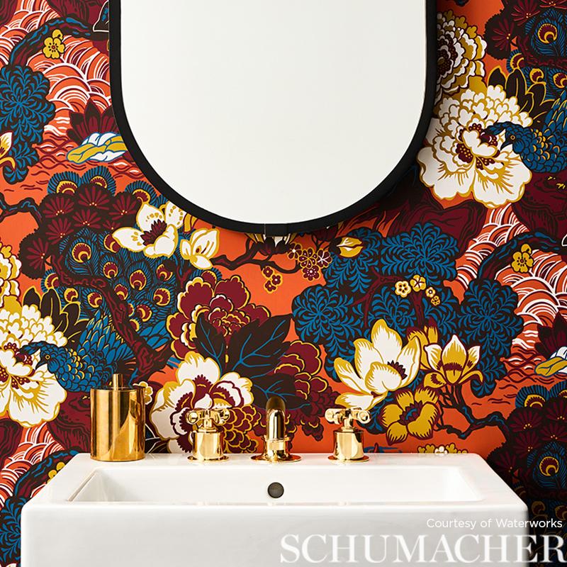 Schumacher Shanghai Peacock Cinnabar Wallpaper