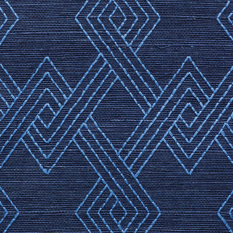 Schumacher Hix Embroidered Sisal Blue Wallpaper