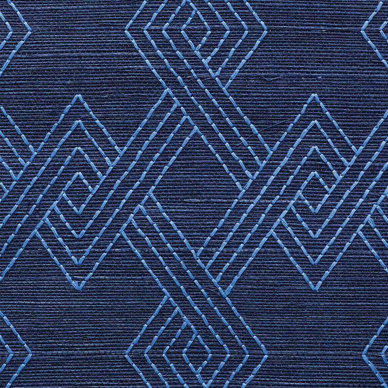 Schumacher Hix Embroidered Sisal Blue Wallpaper