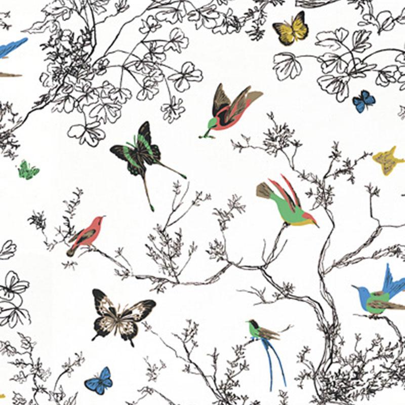 Schumacher Birds & Butterflies Multi On White Fabric