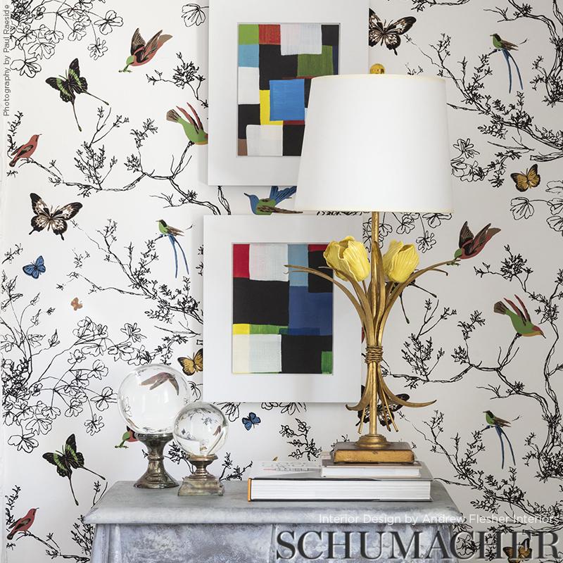 Schumacher Birds & Butterflies Multi On White Fabric
