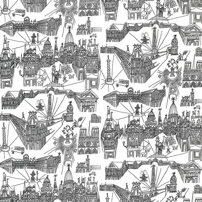 Schumacher Views Of Paris Black On White Fabric