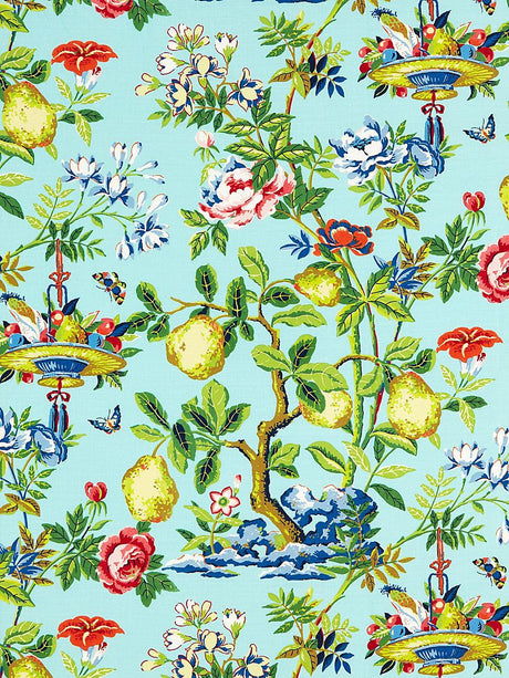 Scalamandre Shantung Garden Cotton Print Aquamarine Fabric