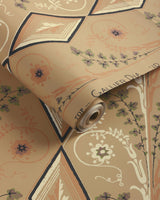 Brunschwig & Fils GALLIER DIAMOND BROWN AND GREEN ON BEIGE Wallpaper