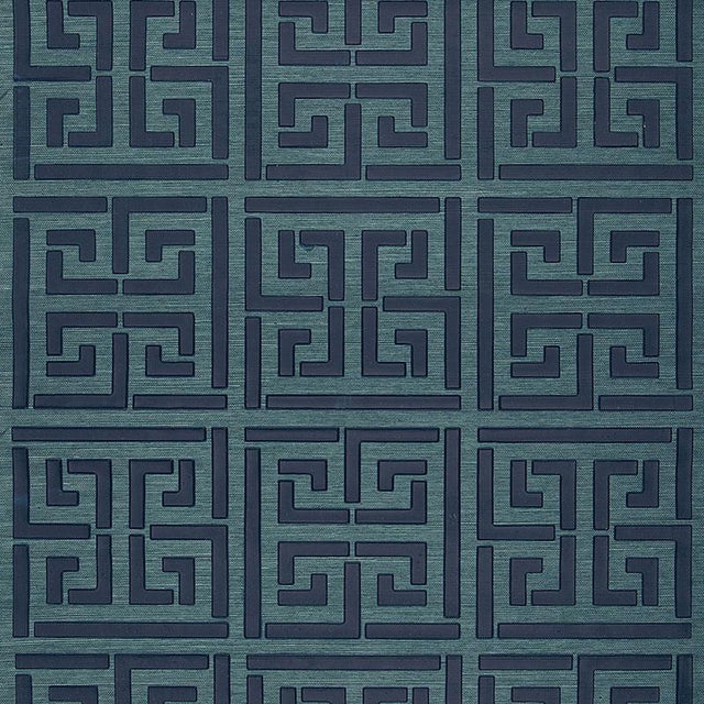Schumacher Greek Key Sisal Peacock Wallpaper