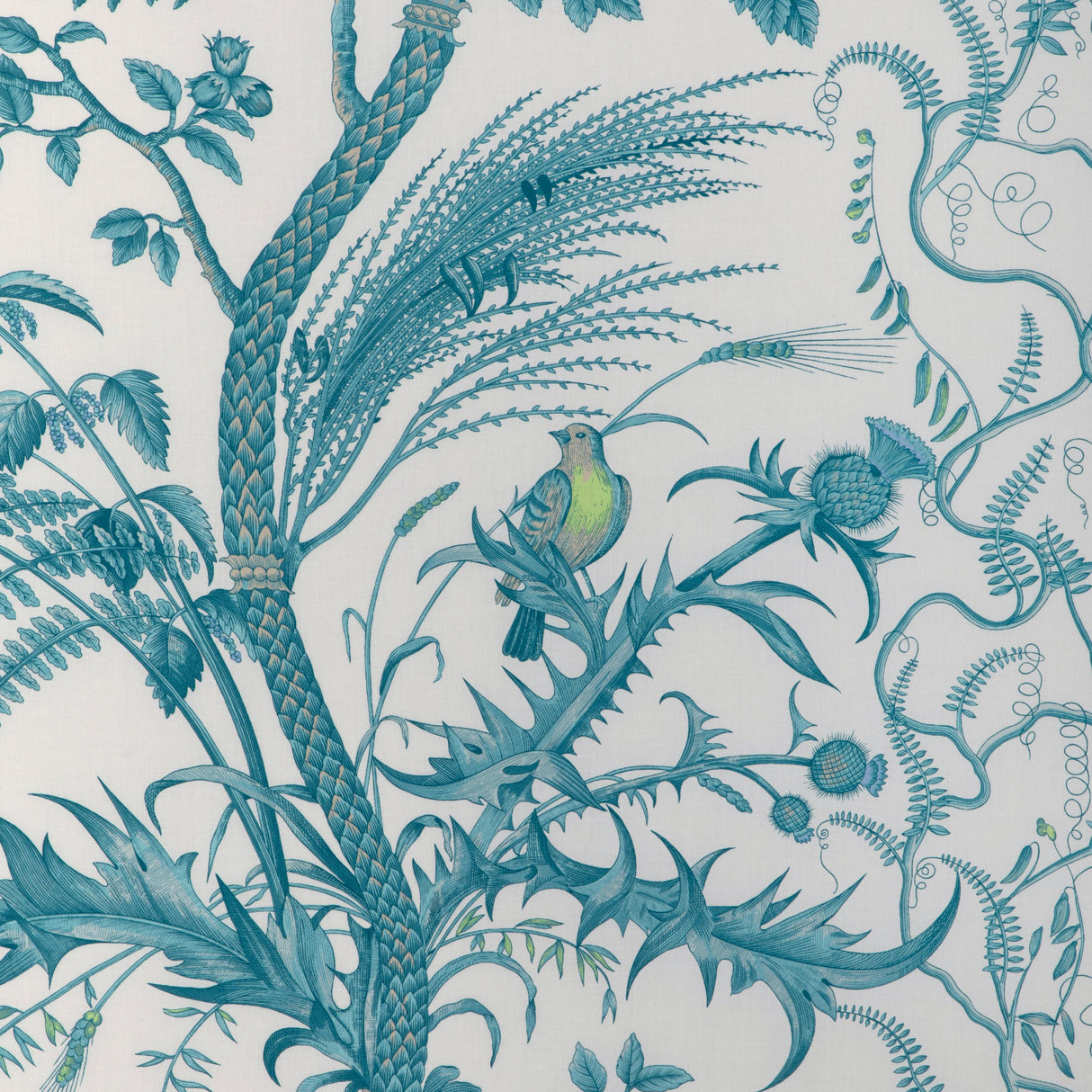 Brunschwig & Fils BIRD AND THISTLE COTTON PRINT AQUA Fabric