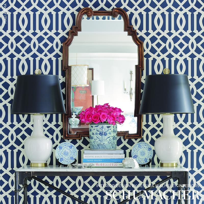 Schumacher Imperial Trellis Ii Ivory / Navy Wallpaper – DecoratorsBest