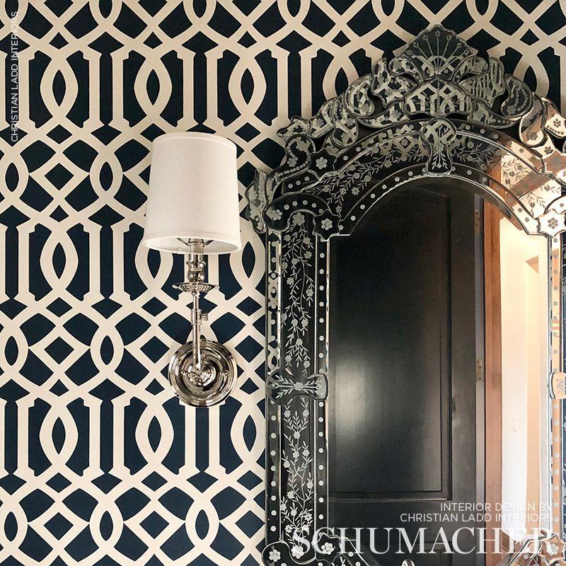 Schumacher Imperial Trellis Ii Ivory / Navy Wallpaper – DecoratorsBest