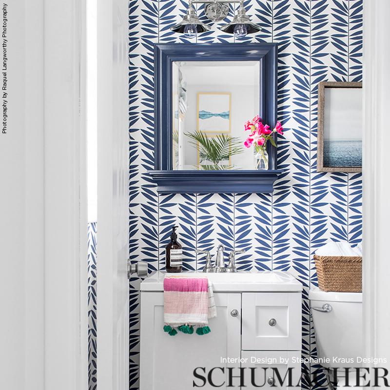Schumacher Leaf Stripe Marine Wallpaper