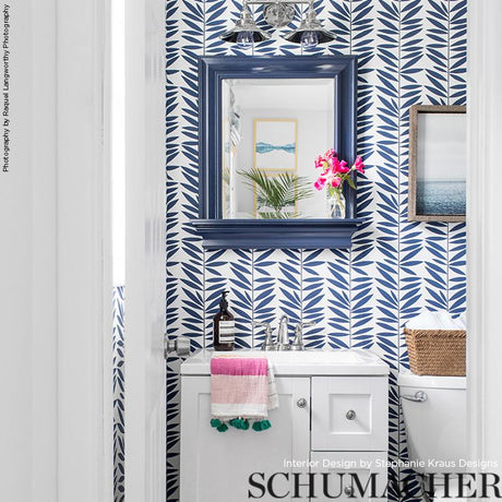 Schumacher Leaf Stripe Marine Wallpaper
