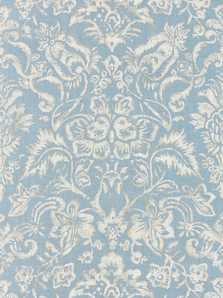 Scalamandre Mansfield Damask Print Bluestone & Silver Fabric